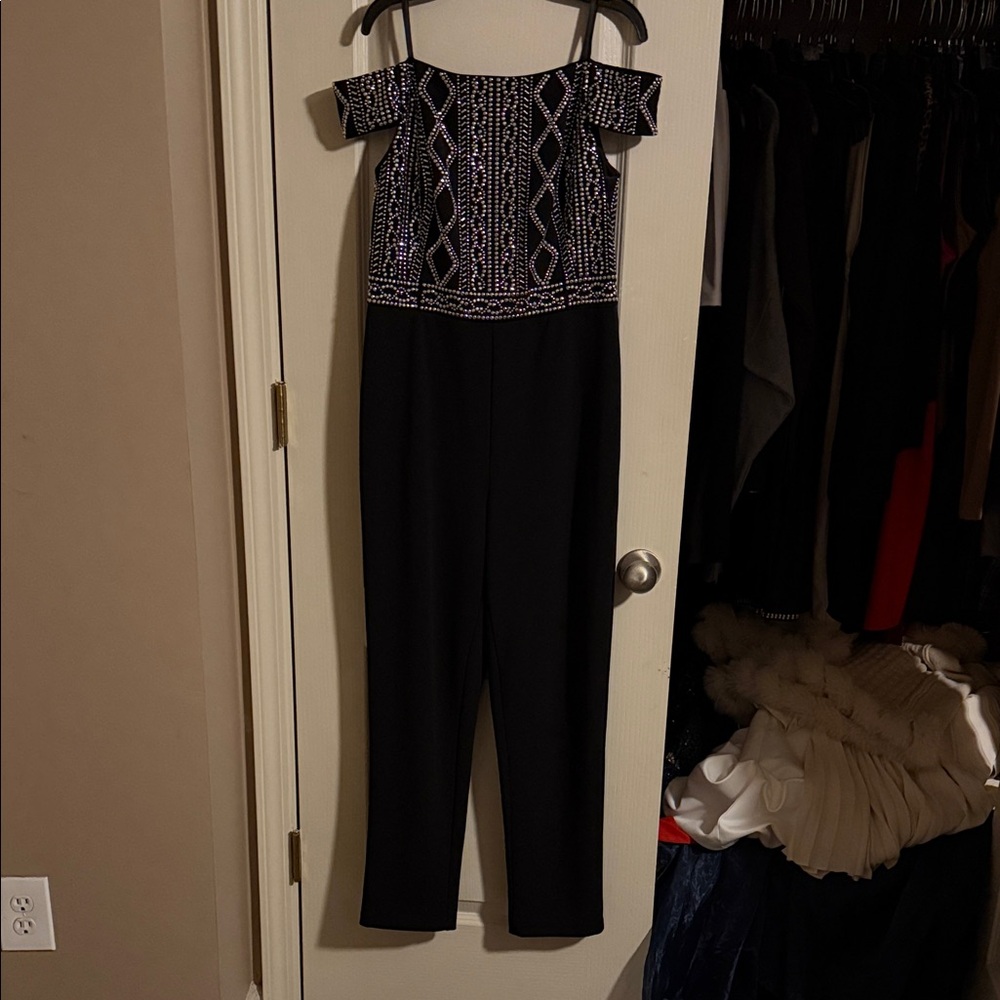 Adrianna Papell Black and Silver Off-Shoulder Jumpsuit